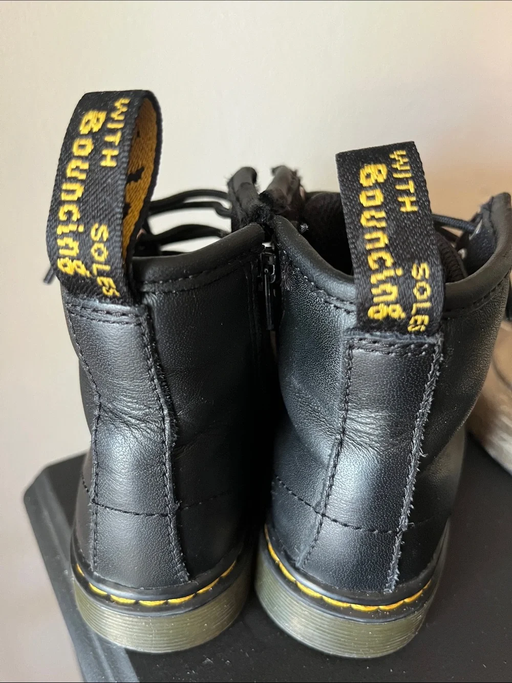 Dr. Martens Kids Black Leather Lace-Up Boots Yellow Stitching, Sz 9